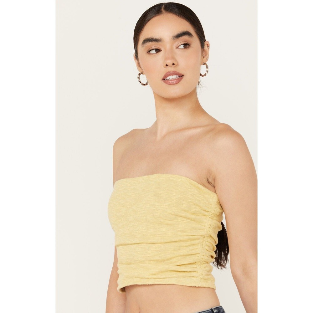 Free People Ruched Tube Top Peach Orange Strapless Cotton Mesh Lined Small